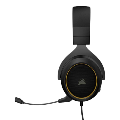 Auscultadores Corsair pretos com microfone ajustável e detalhes amarelos