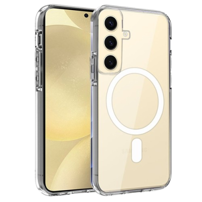 Smartphone dourado com capa transparente e símbolo circular branco na traseira
