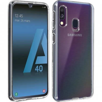 Smartphone Samsung A40 com capa transparente, ecrã ligado e parte traseira visível