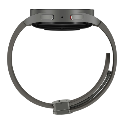 Pulseira de smartwatch cinzenta com caixa preta vista de perfil