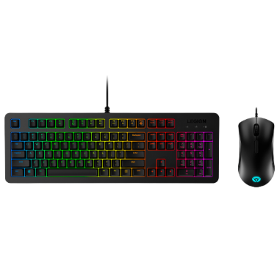 Teclado preto com luzes coloridas e rato preto com luz azul