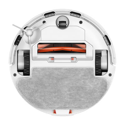 Aspirador robô redondo branco visto de baixo com escovas e rodas