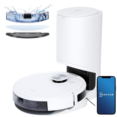 Aspirador robô branco com base de carregamento e smartphone com logo COVACS