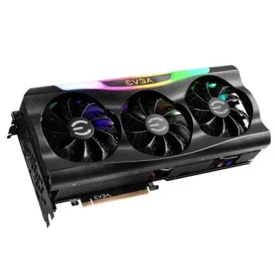 Placa gráfica EVGA preta com três ventoinhas e iluminação RGB
