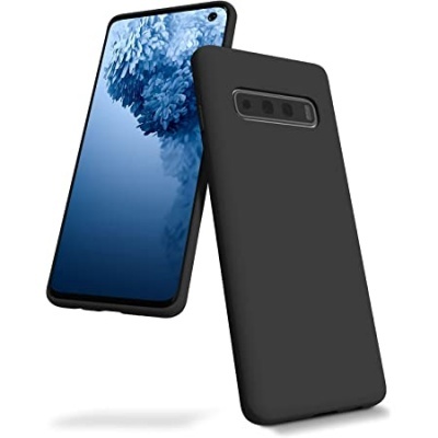 Smartphone com capa protetora preta e ecrã azul