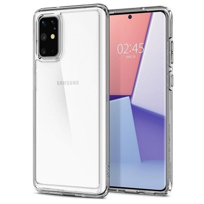 Smartphone Samsung branco com capa transparente e ecrã ligado a mostrar hora 02:45