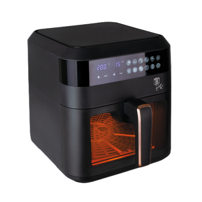 Air fryer digital preta com visor azul e porta em vidro transparente iluminada