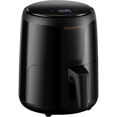 Frigideira elétrica preta Russell Hobbs com visor digital azul e pega preta