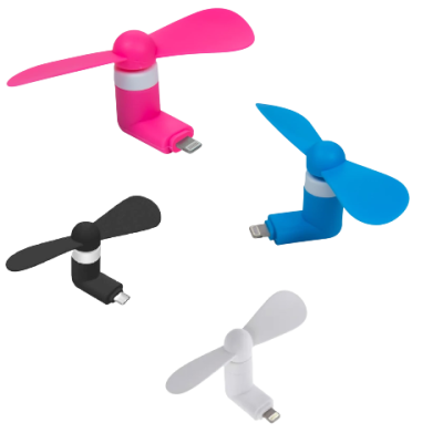 Mini ventiladores USB para telemóvel nas cores rosa, preto, azul e branco com hélices de duas pás
