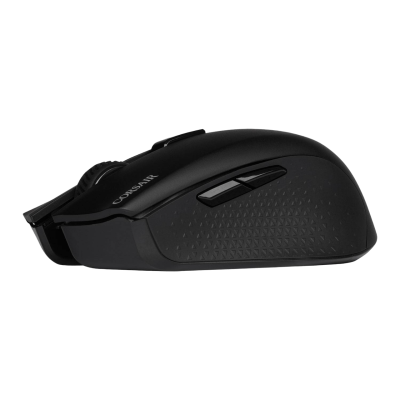 Rato de computador preto com botões laterais e roda de scroll