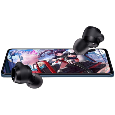 Auriculares sem fios pretos sobre um smartphone com imagem animada no ecrã