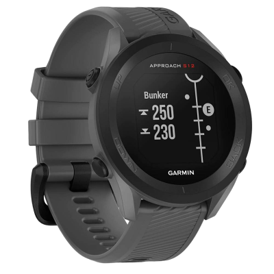 Relógio Garmin Approach S12 com pulseira cinza e ecrã digital a mostrar distâncias para bunker.