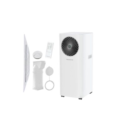 Ar condicionado portátil branco com acessórios e controlo remoto