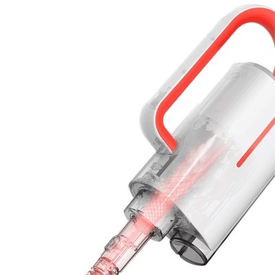 aspirador portátil branco com detalhes vermelhos e componentes transparentes