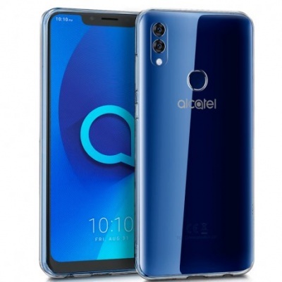 Smartphone Alcatel azul com duas câmaras traseiras e leitor de impressões digitais