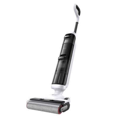 aspirador vertical elétrico branco e preto com depósito transparente e rolo cinza