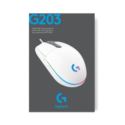 Embalagem de rato gaming Logitech G203 branco com luzes LED coloridas.