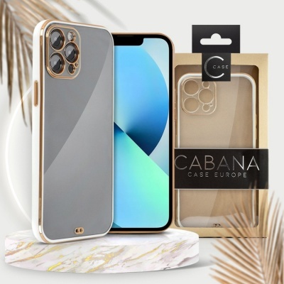 Capa transparente com bordos brancos e dourados para smartphone com embalagem 'CABANA CASE EUROPE'