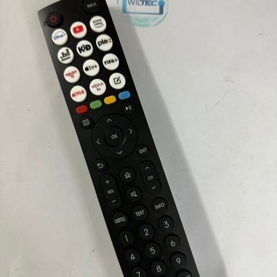 Comando remoto preto com botões coloridos e logos de streaming