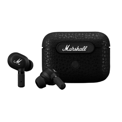 Auriculares Marshall pretos com estojo de carregamento preto de textura granulada e logótipo Marshall