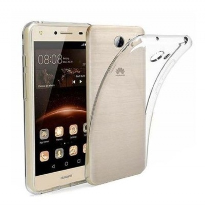 Smartphone Huawei dourado com capa protetora transparente