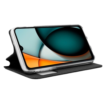 Smartphone com capa carteira preta e ecrã colorido