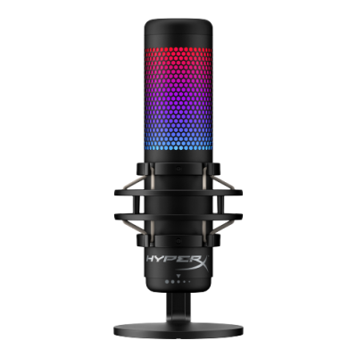 Microfone HyperX preto com iluminação colorida e suporte de mesa