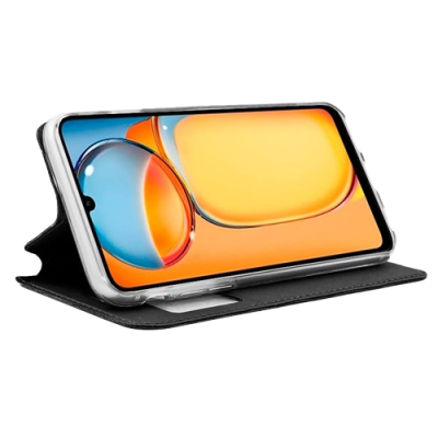 Smartphone numa capa preta tipo carteira com ecrã colorido