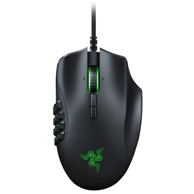 Rato gaming preto com botões e iluminação verde
