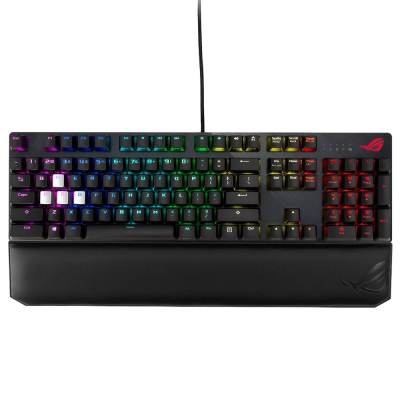 Teclado mecânico RGB preto com descanso para pulsos e logótipo ROG