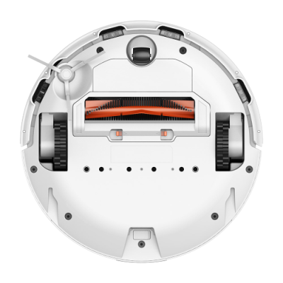 Robot aspirador branco visto por baixo com escovas e rodas