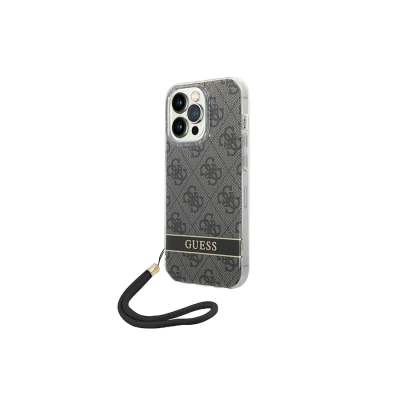 Capa para smartphone cinza e preto com padrão de letras e texto GUESS