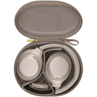 Auriculares sem fios Sony bege com estojo rígido e cabos