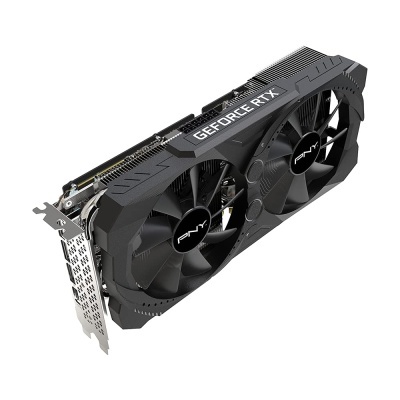 Placa gráfica preta PNY com ventoinhas e texto GEFORCE RTX