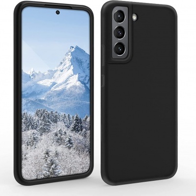 Smartphone preto com capa e ecrã a mostrar montanha nevada