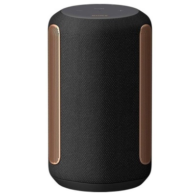 Coluna de som preta com barras cobre verticais