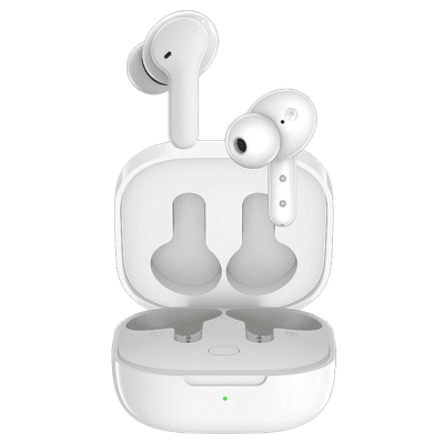 Auriculares sem fios brancos com estojo de carregamento aberto