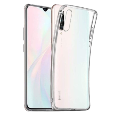 Smartphone branco com capa transparente e três câmaras