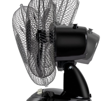 Ventoinha de secretária preta com grelha metálica e base com botão branco