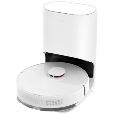 Robô aspirador de pó branco com estação de carregamento