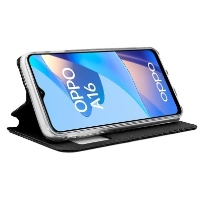 Smartphone OPPO A16 com capa preta tipo carteira aberto