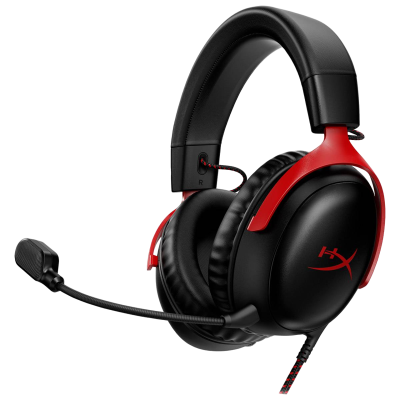 Headset preto e vermelho com microfone