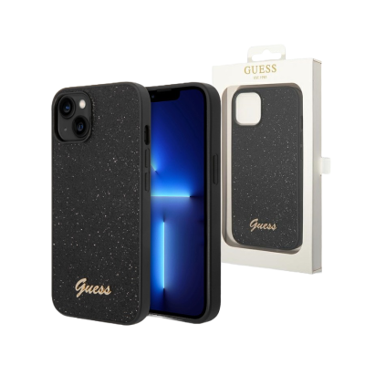 Capa preta brilhante para telemóvel Guess com embalagem branca e telemóvel iPhone
