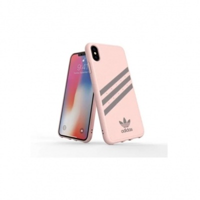 Capa de smartphone rosa Adidas com riscas cinza ao lado de telefone