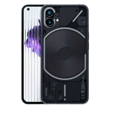 Smartphone preto com traseira translúcida e ecrã branco com linhas verticais