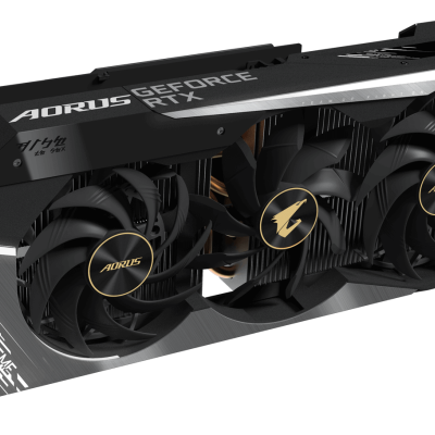 Placa gráfica AORUS GEFORCE RTX preta com três ventoinhas e detalhes cinza