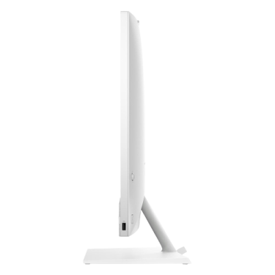 Monitor branco fino visto de lado com suporte em L branco