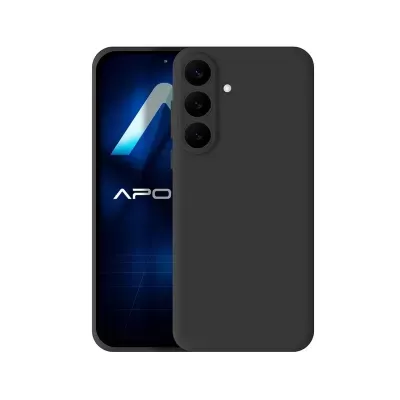 Smartphone com capa preta e três câmaras ecrã com texto APO