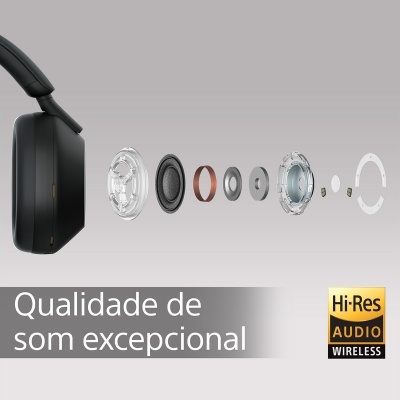Fone de ouvido preto com partes internas visíveis e selo Hi-Res AUDIO WIRELESS