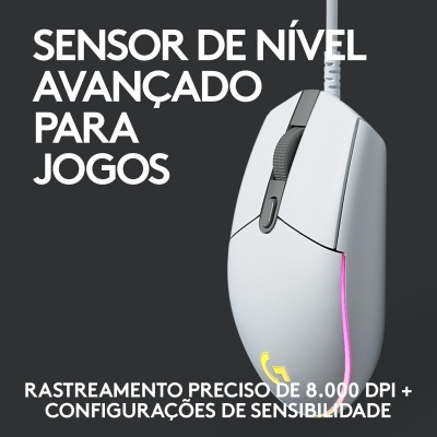 Rato gaming branco com luz LED rosa e texto promocional em fundo cinzento